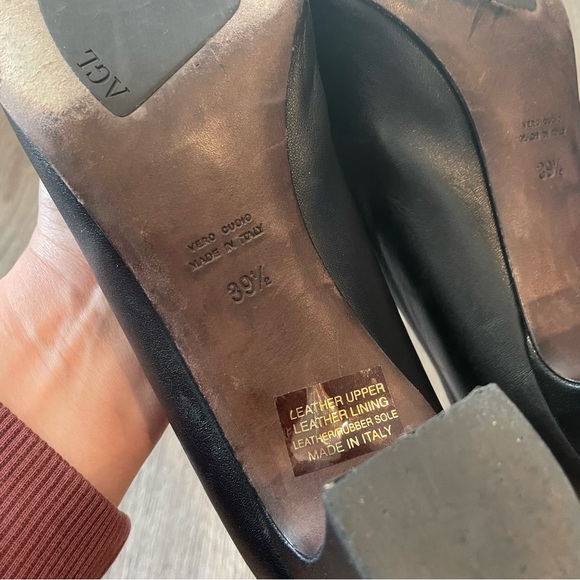 AGL Black Leather Silver Accent Pointed Toe Block Heels - Picture 9 of 11